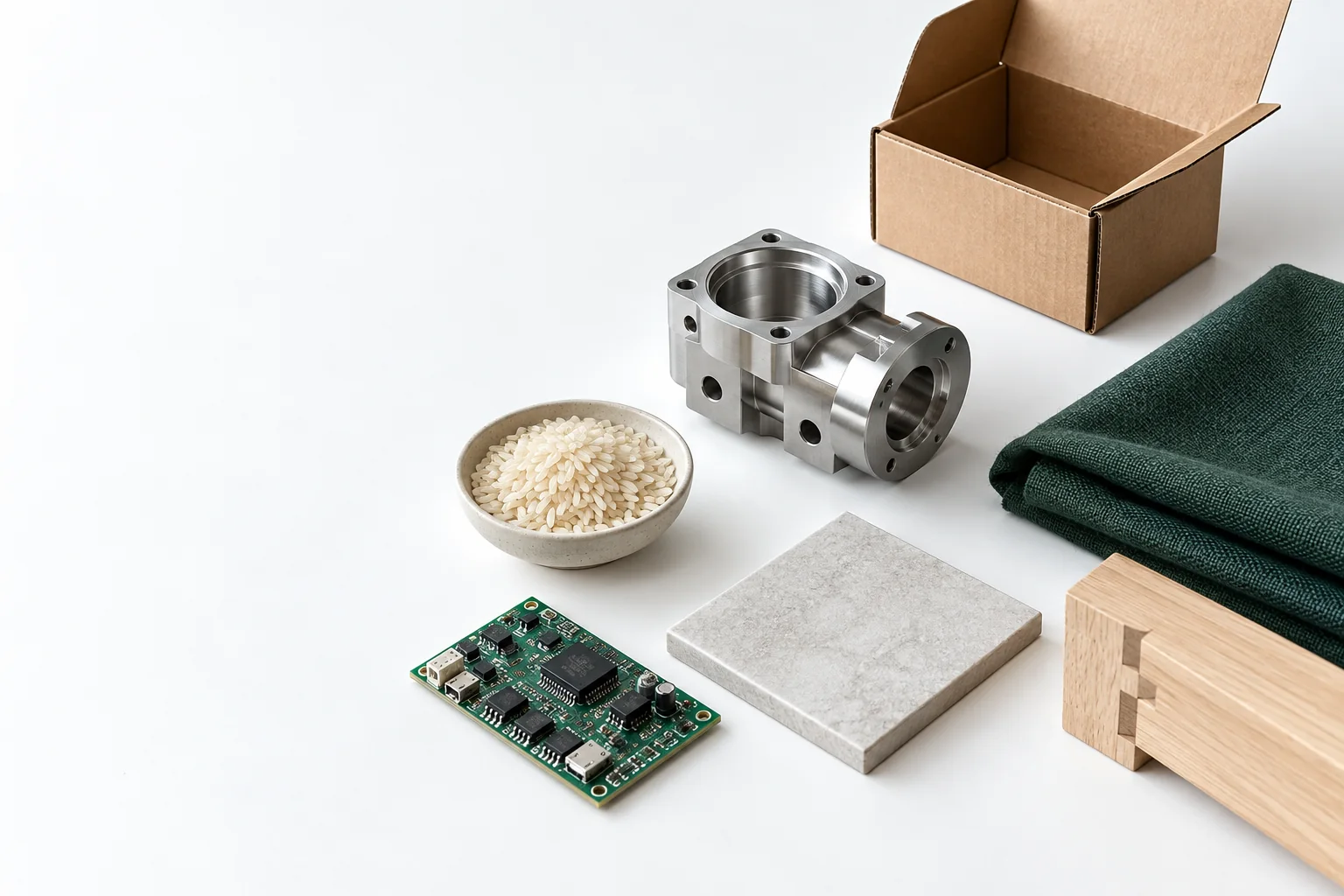 Illustrative assortment of metal parts, packaging, fabric, electronics, rice and building materials
